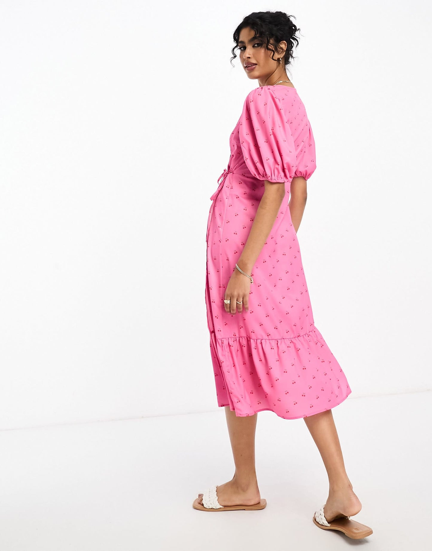 Y.A.S midi wrap dress in pink with cherry print