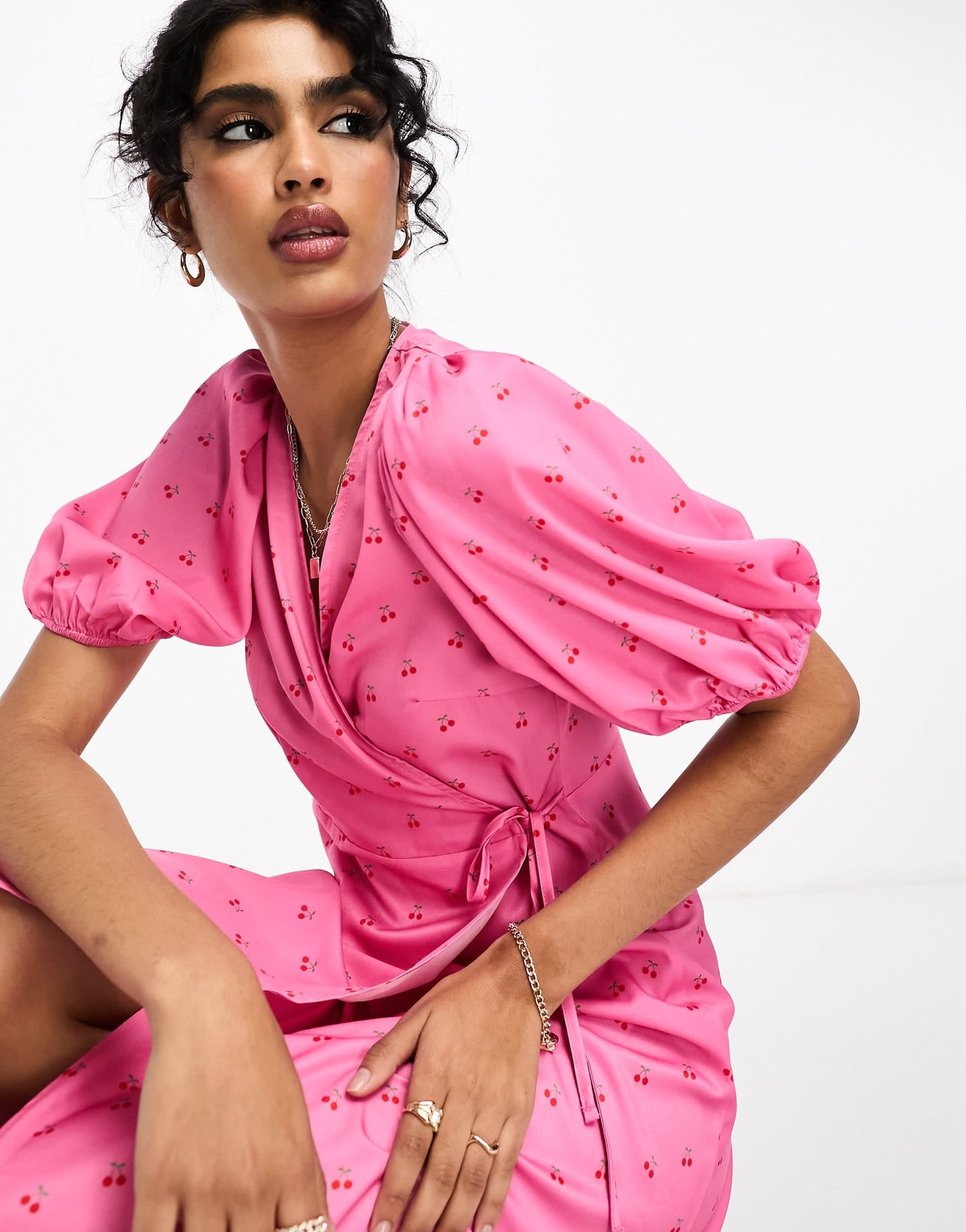 Y.A.S midi wrap dress in pink with cherry print