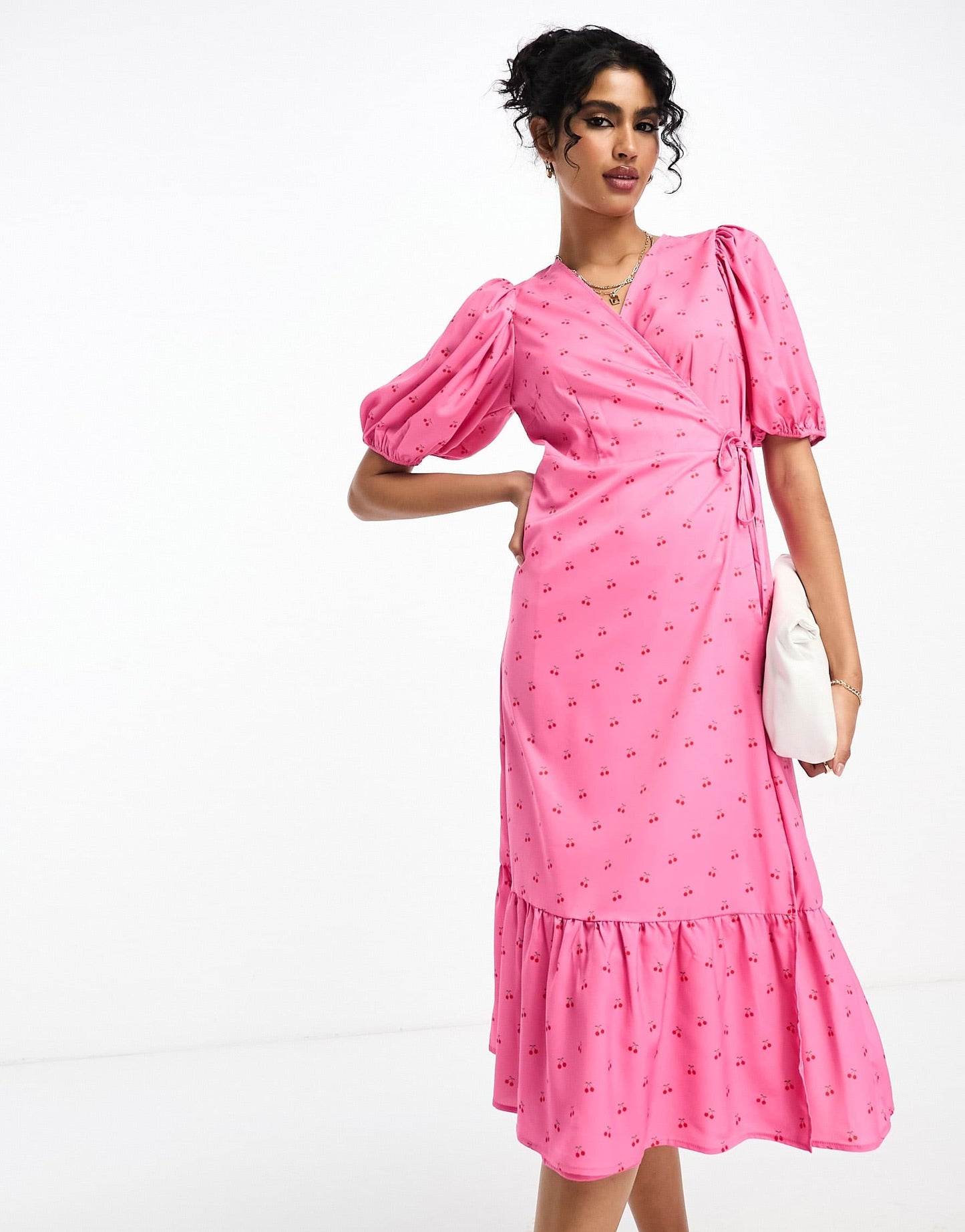 Y.A.S midi wrap dress in pink with cherry print