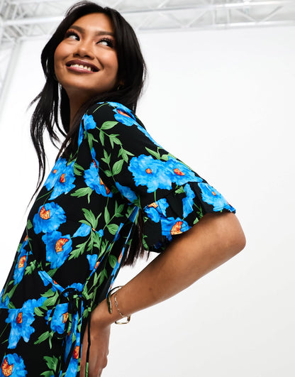 Y.A.S elma mini wrap dress in blue floral print