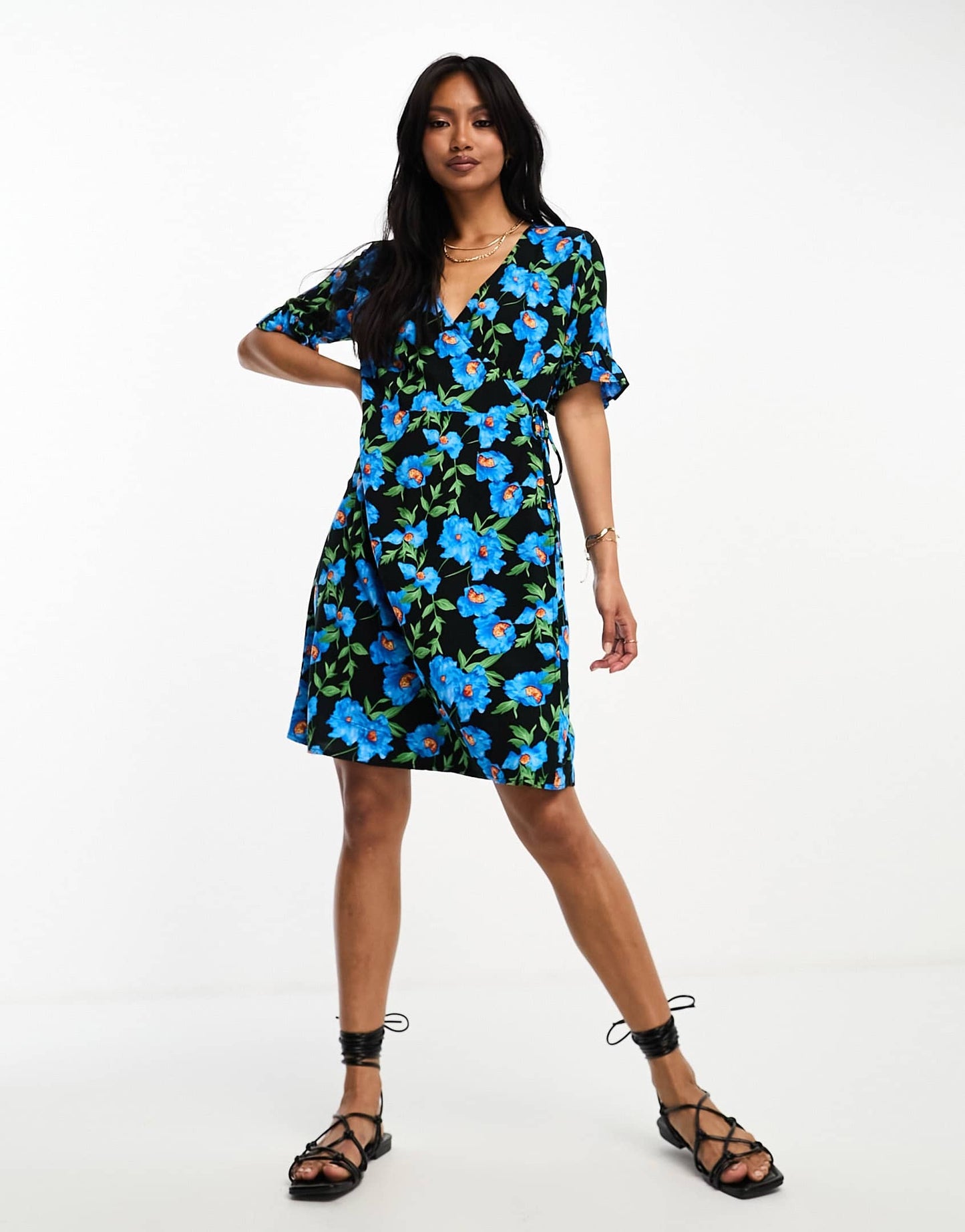 Y.A.S elma mini wrap dress in blue floral print