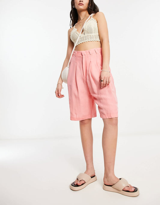 Free People linen high waist longline shorts in coral