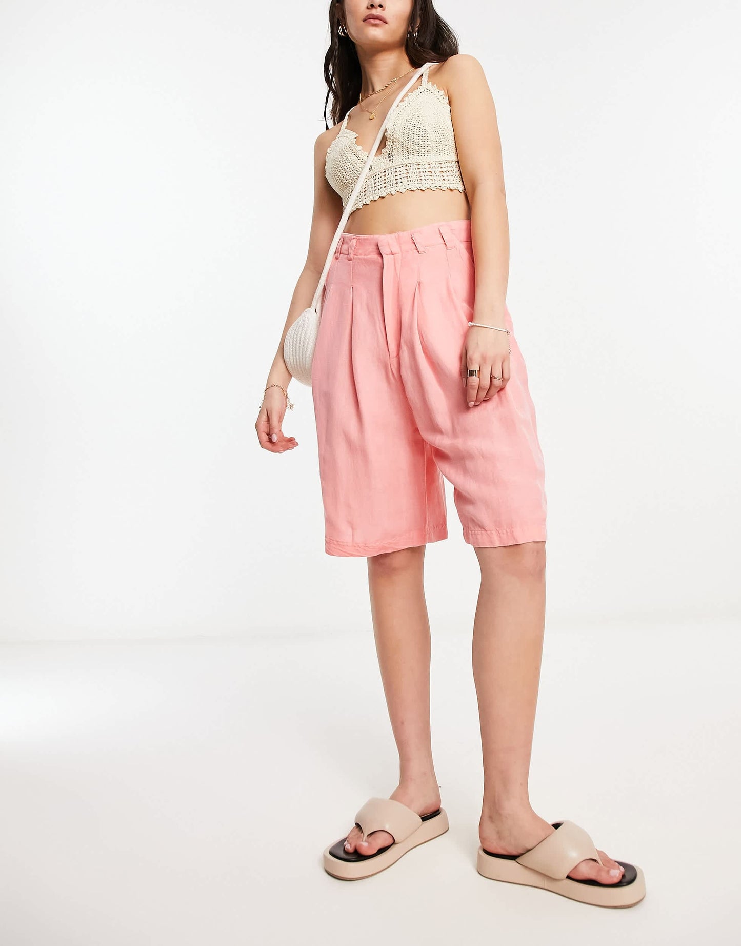 Free People linen high waist longline shorts in coral