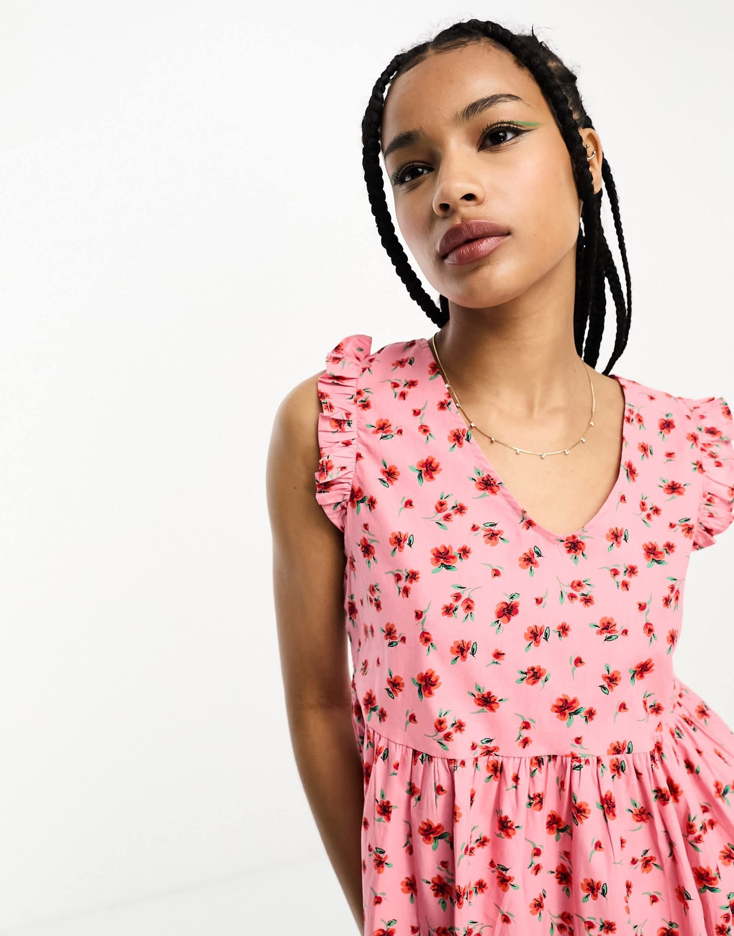 JDY Petite exclusive tie back frill detail mini dress in pink & lilac floral