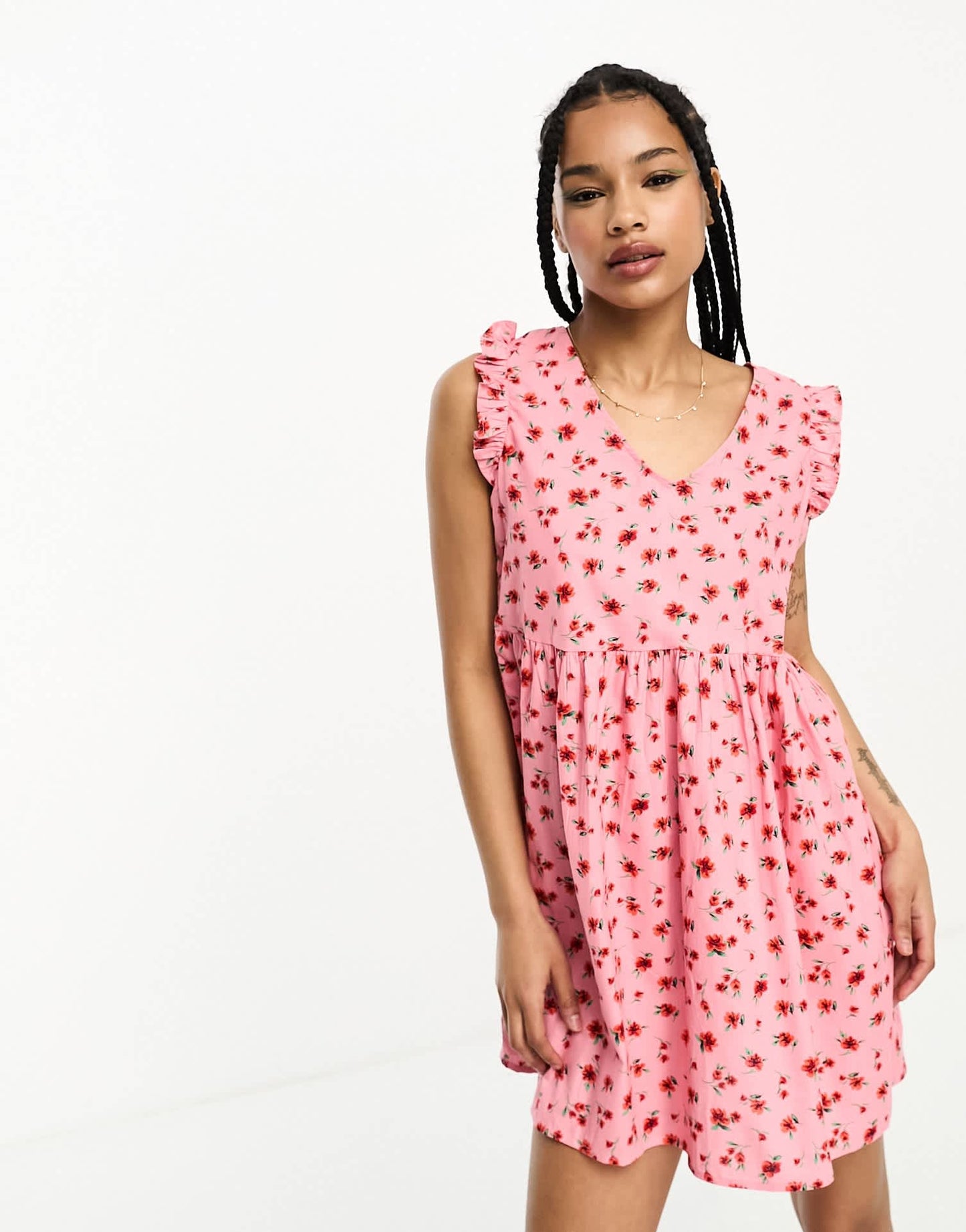 JDY Petite exclusive tie back frill detail mini dress in pink & lilac floral