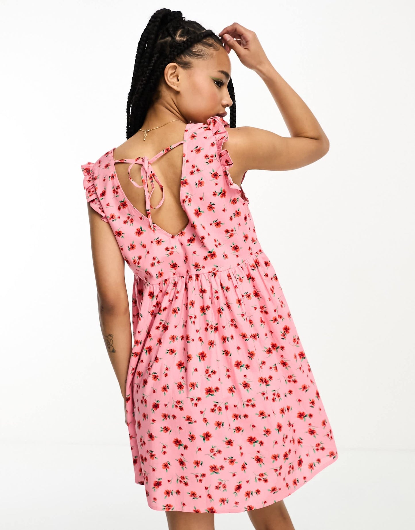 JDY Petite exclusive tie back frill detail mini dress in pink & lilac floral