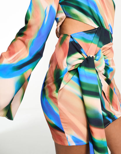 In The Style x Perrie Sian one sleeve tie front mini dress in abstract print