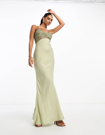 ASOS DESIGN embellished bodice satin cami maxi dress in khaki