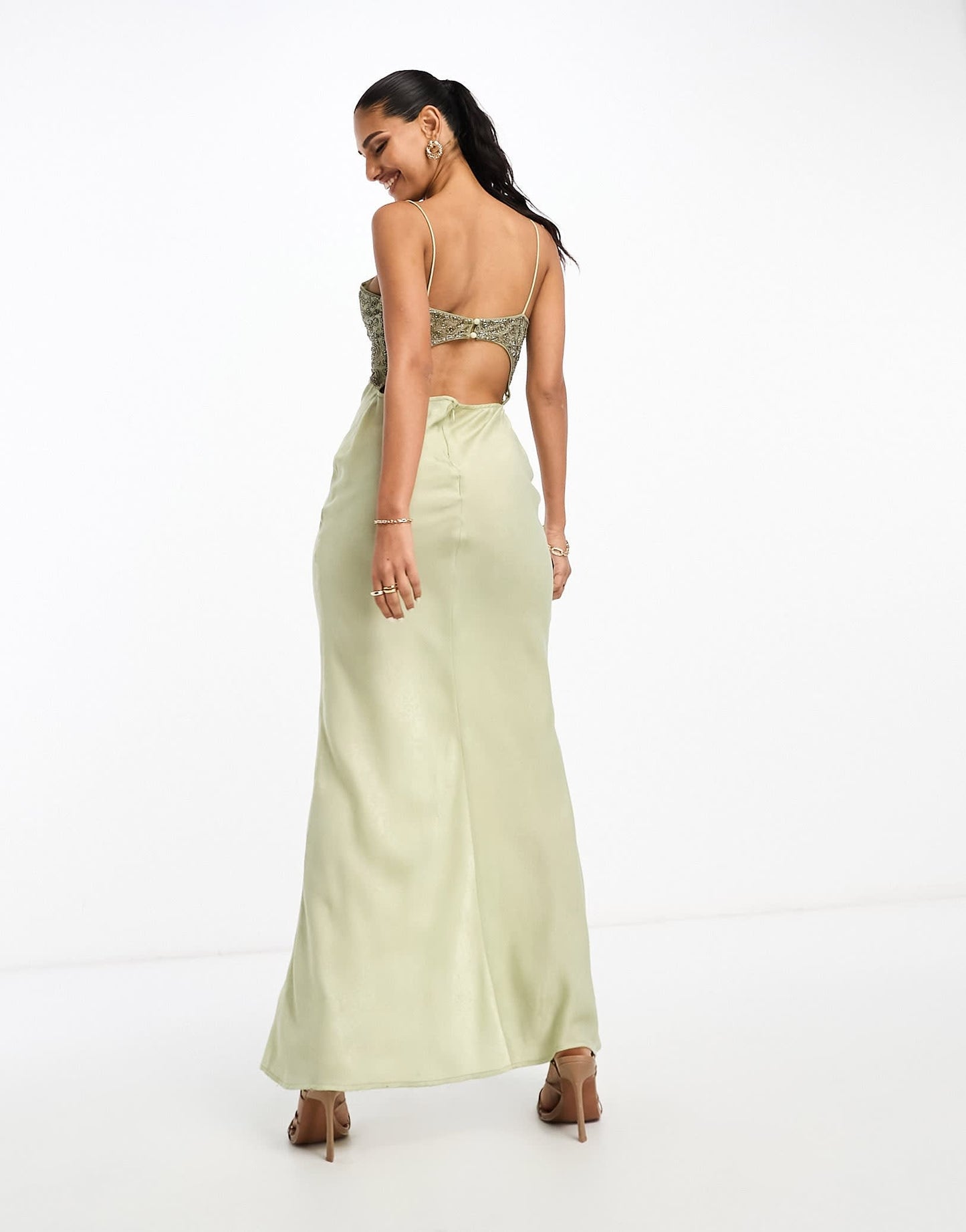 ASOS DESIGN embellished bodice satin cami maxi dress in khaki