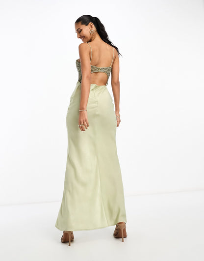ASOS DESIGN embellished bodice satin cami maxi dress in khaki