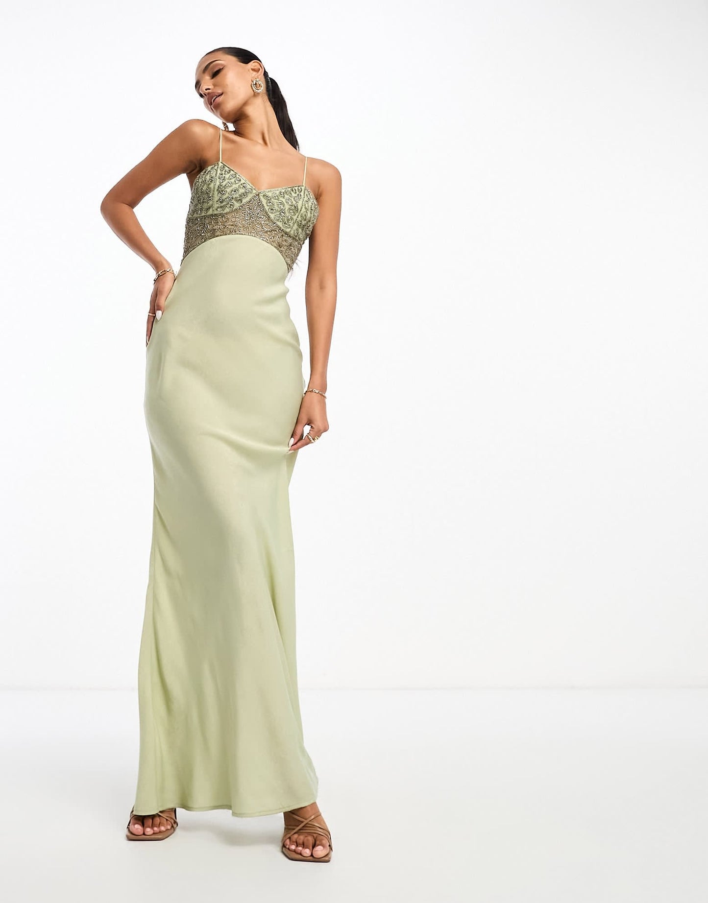 ASOS DESIGN embellished bodice satin cami maxi dress in khaki