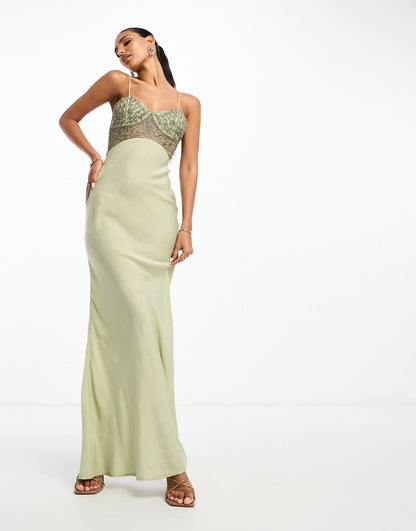 ASOS DESIGN embellished bodice satin cami maxi dress in khaki
