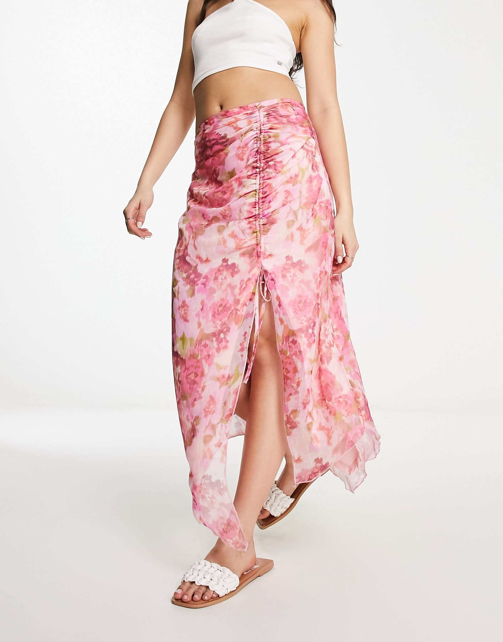 Stradivarius ruched mesh midi skirt in floral print