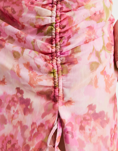 Stradivarius ruched mesh midi skirt in floral print