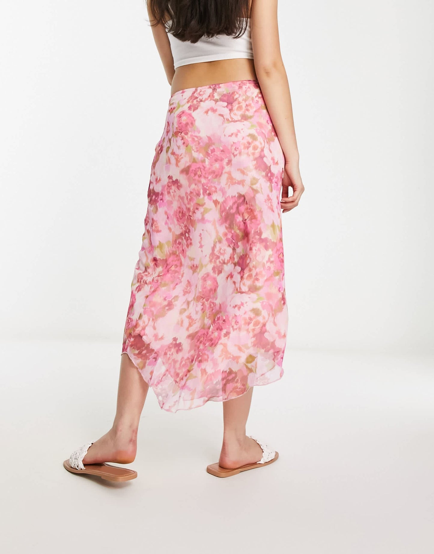 Stradivarius ruched mesh midi skirt in floral print