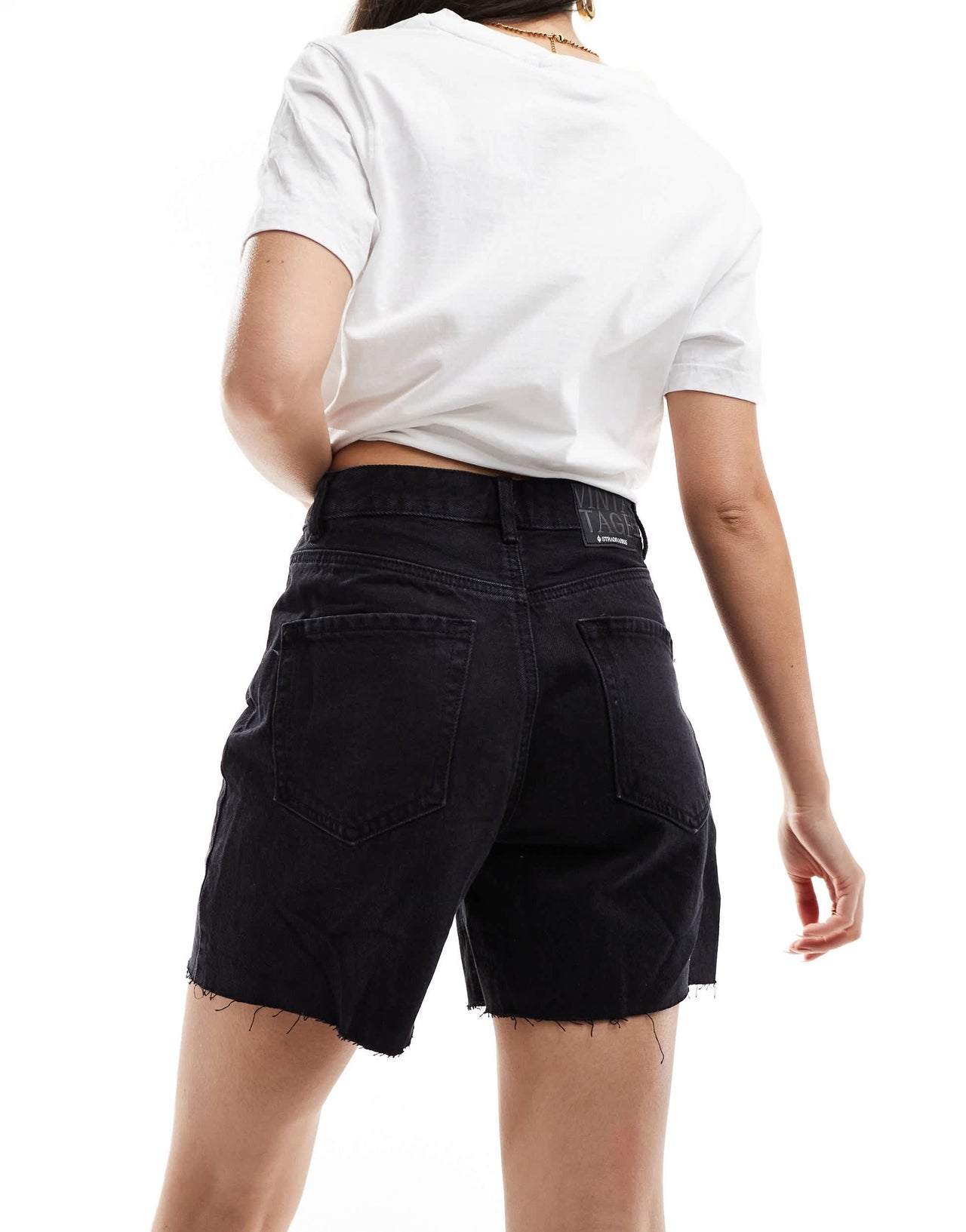 Stradivarius longline denim short in black