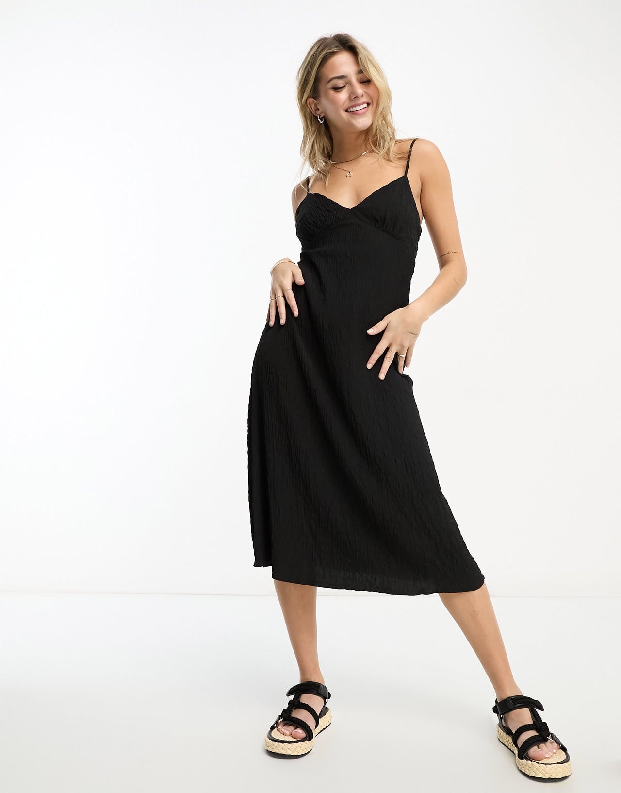 Stradivarius crinkle cami midi dress in black