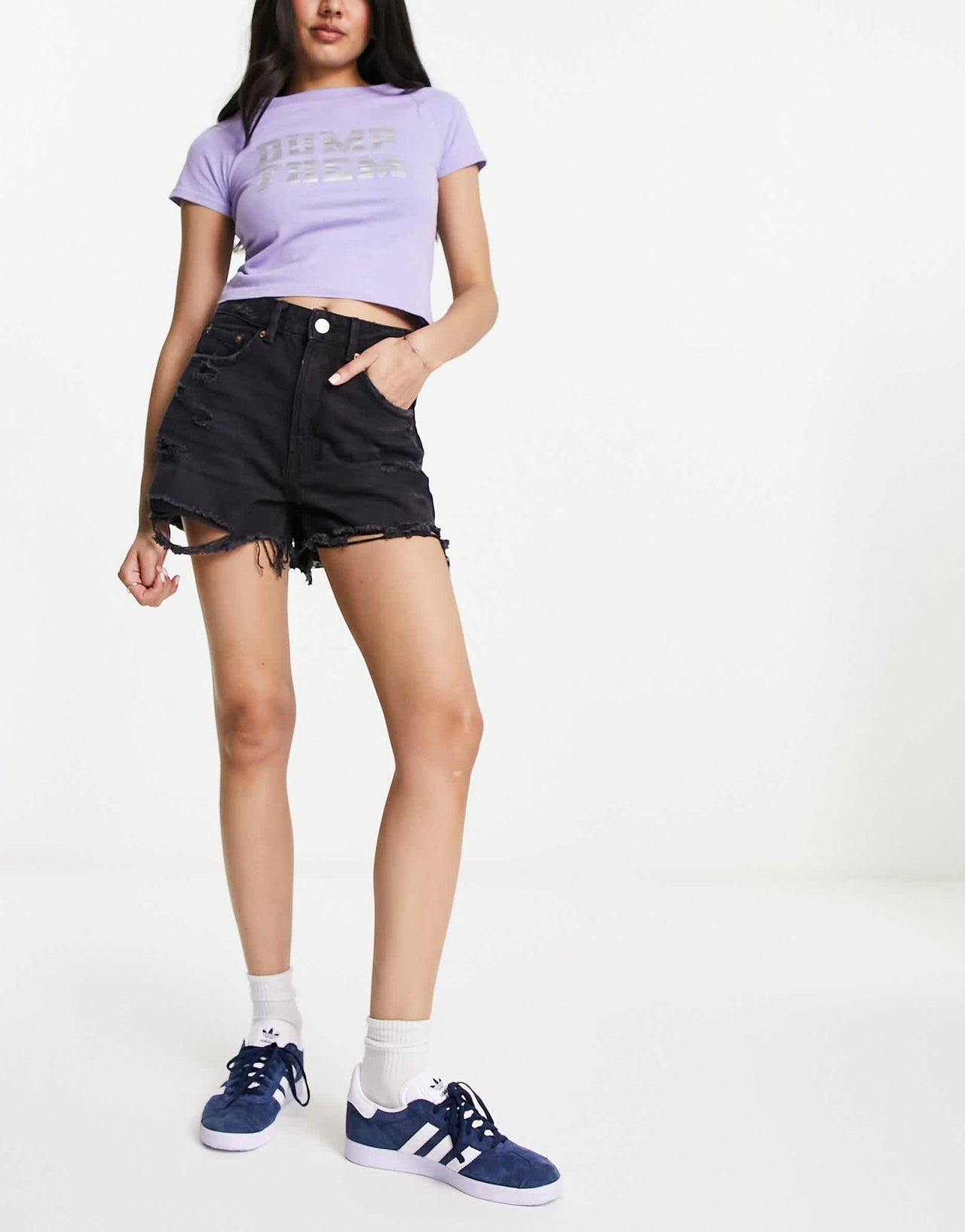 Stradivarius denim short with rips in black