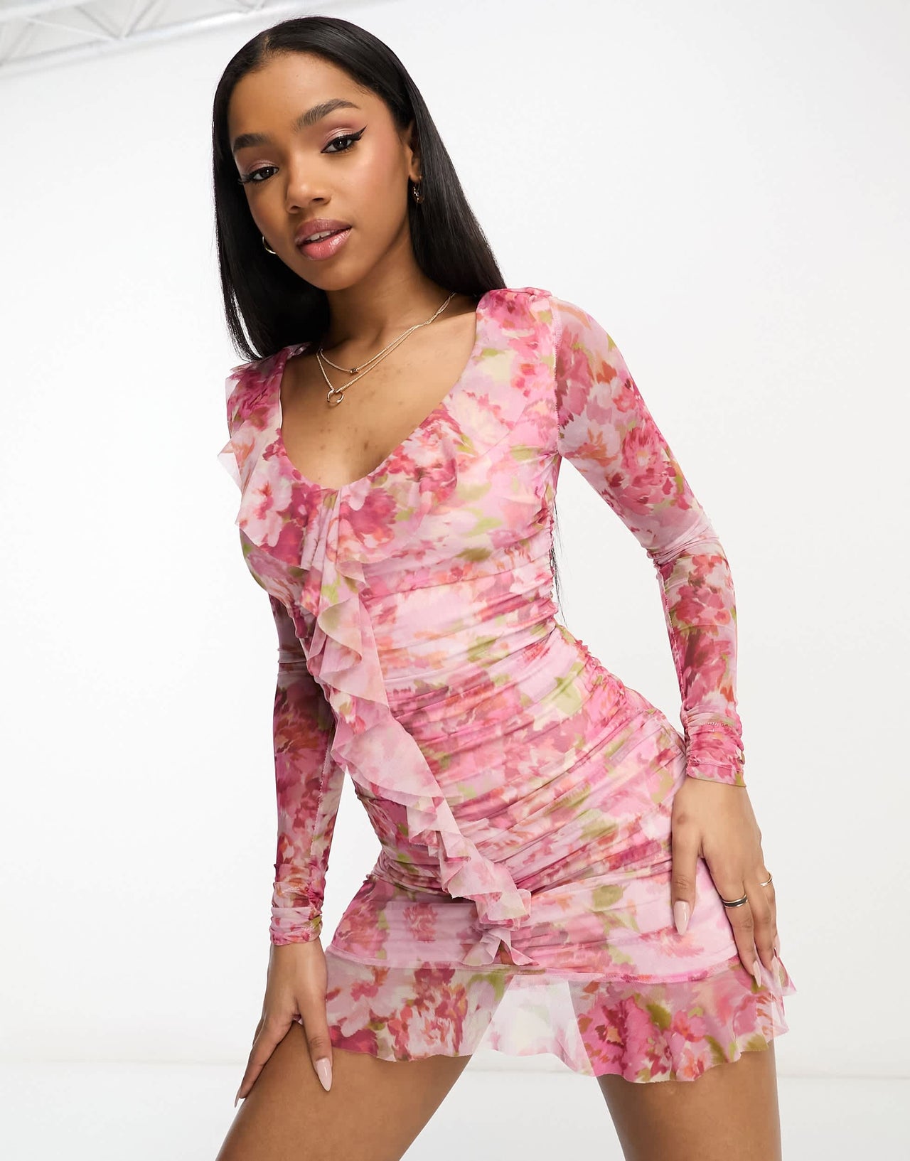 Stradivarius ruched mesh mini dress in floral print