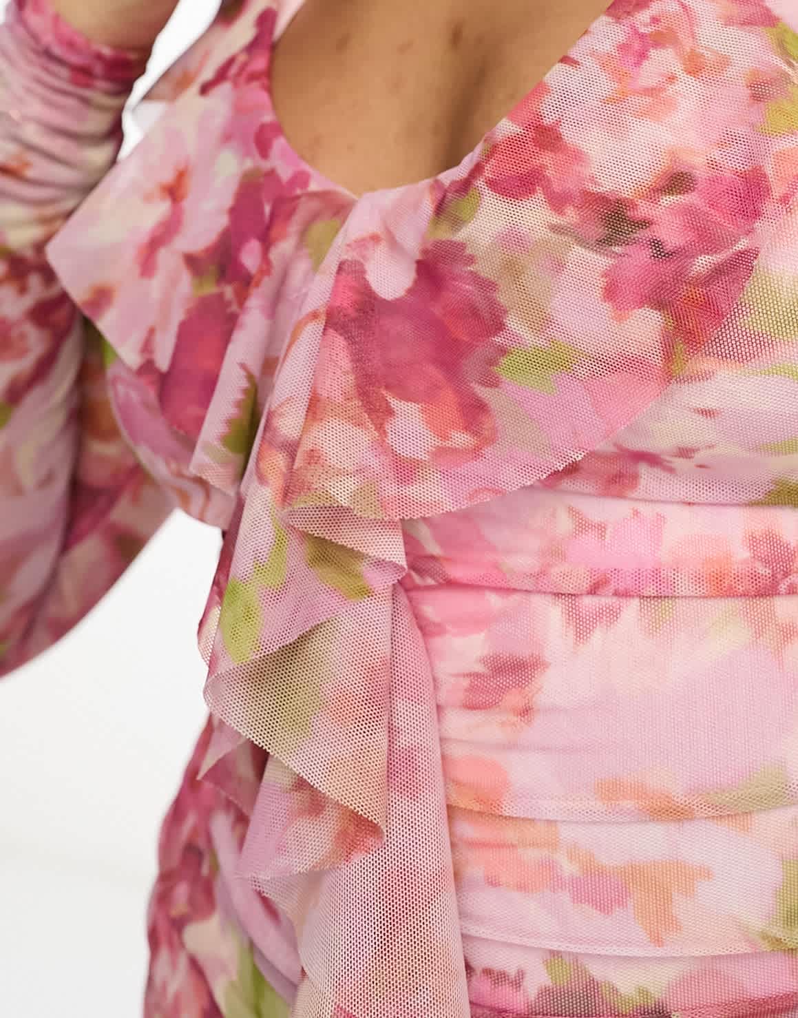 Stradivarius ruched mesh mini dress in floral print