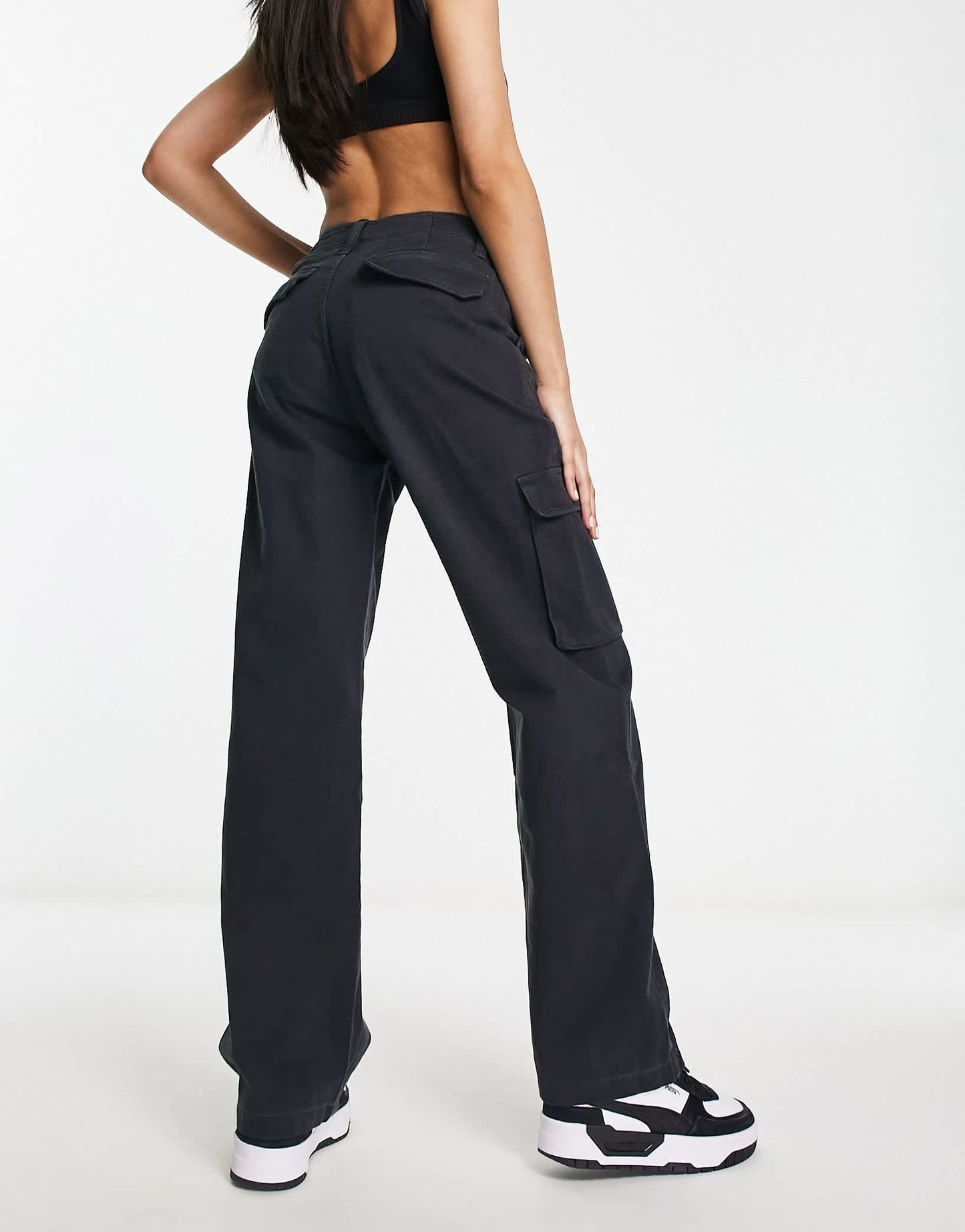 Stradivarius high waist wide leg cargo trouser in black
