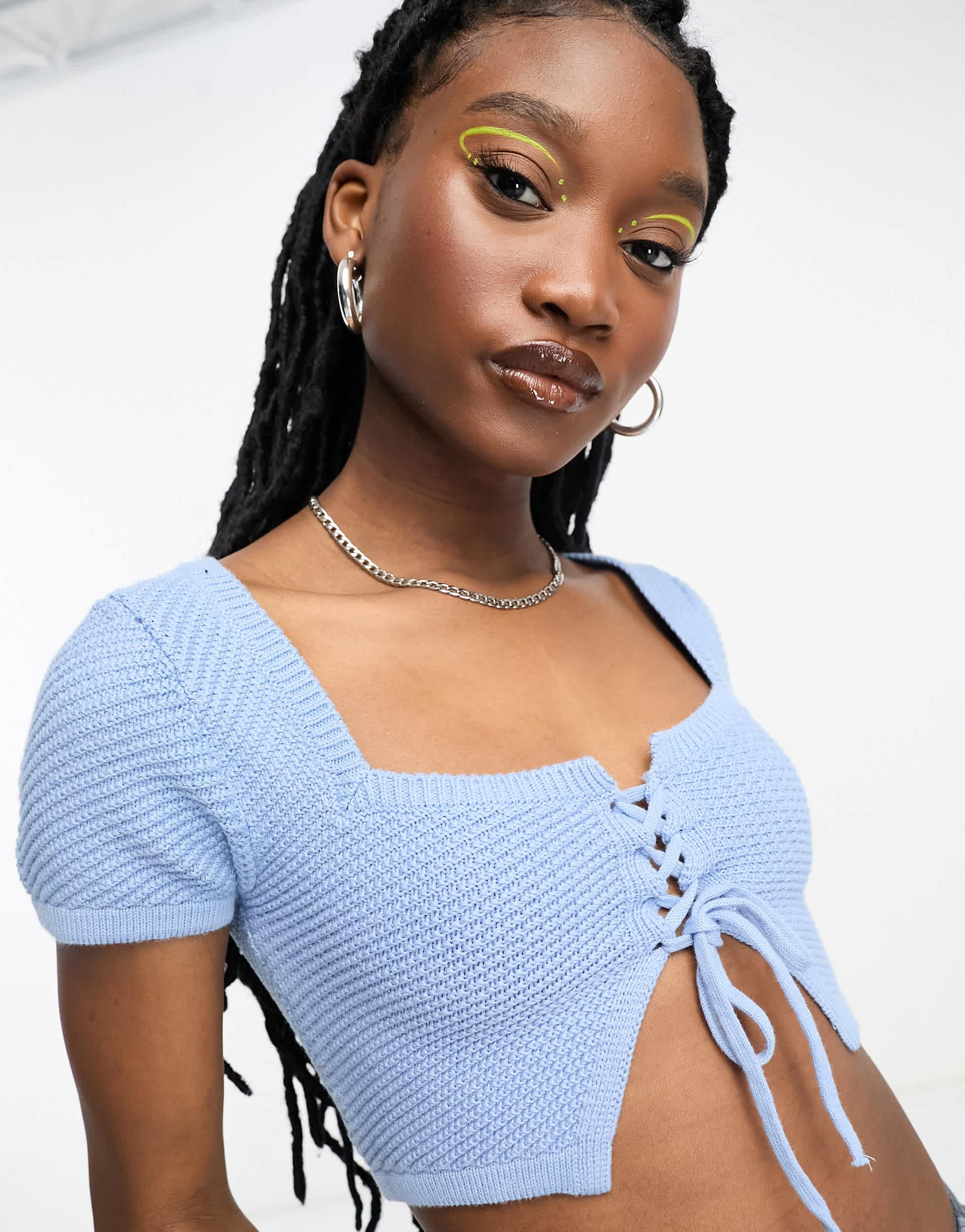 Cotton On key hole knit off shoulder crop top in blue