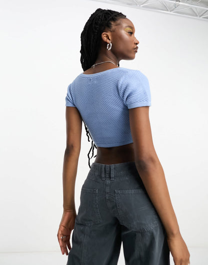 Cotton On key hole knit off shoulder crop top in blue