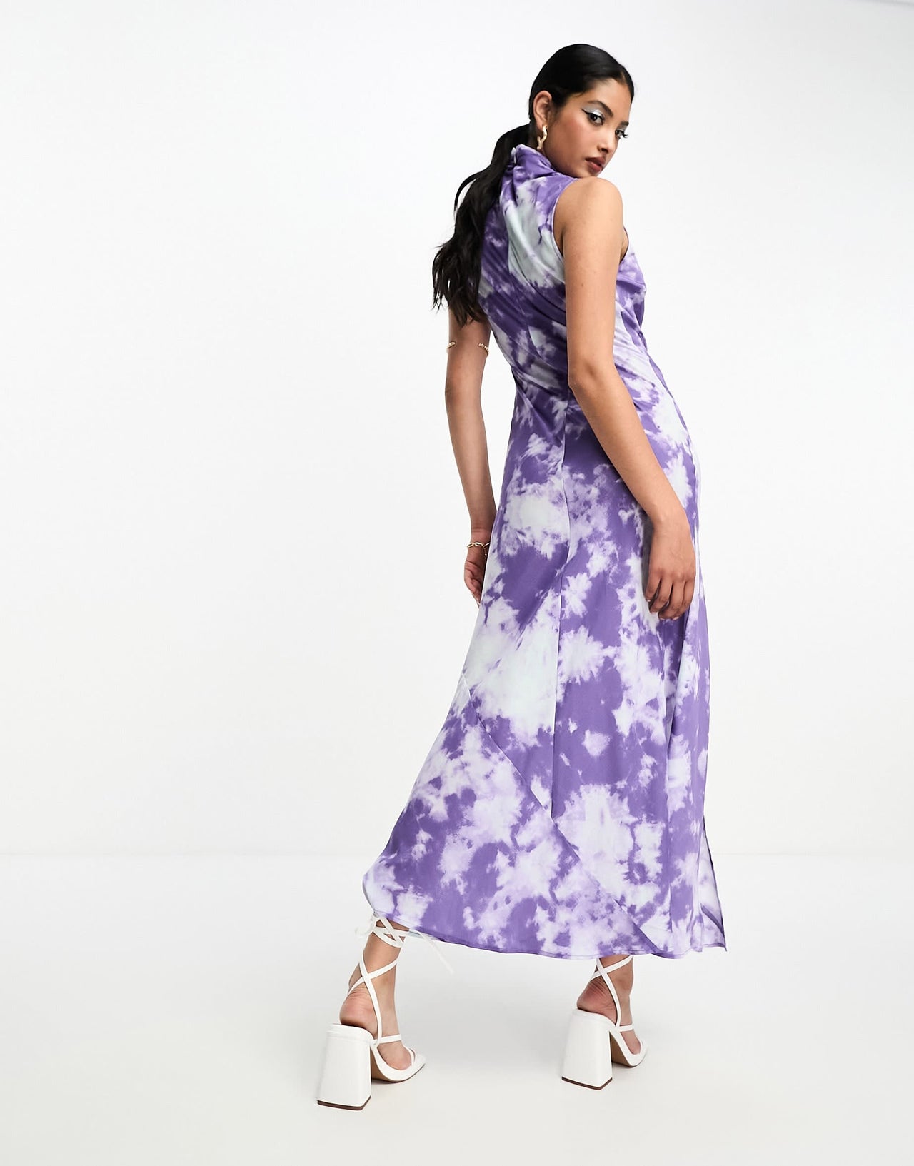 ASOS DESIGN satin sleeveless high neck midi dress with split front in marble print