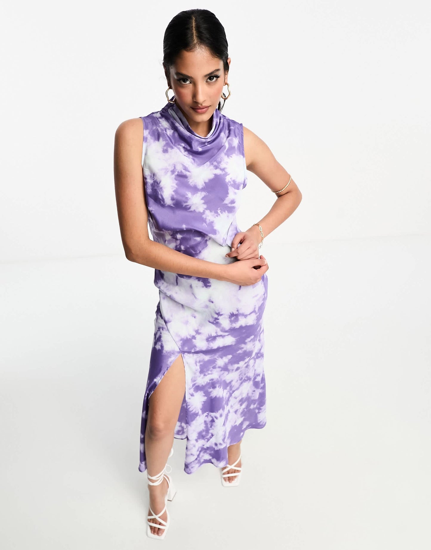 ASOS DESIGN satin sleeveless high neck midi dress with split front in marble print