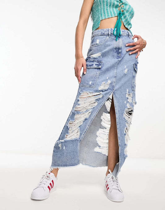 Miss Selfridge extreme ripped denim cargo skirt in light wash blue