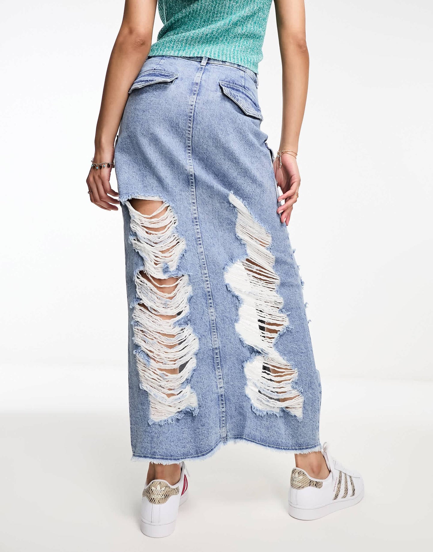 Miss Selfridge extreme ripped denim cargo skirt in light wash blue