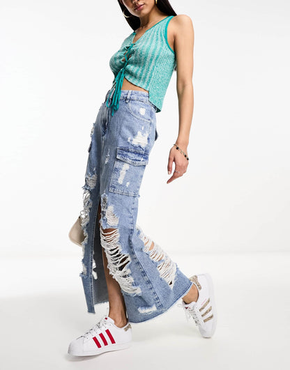 Miss Selfridge extreme ripped denim cargo skirt in light wash blue