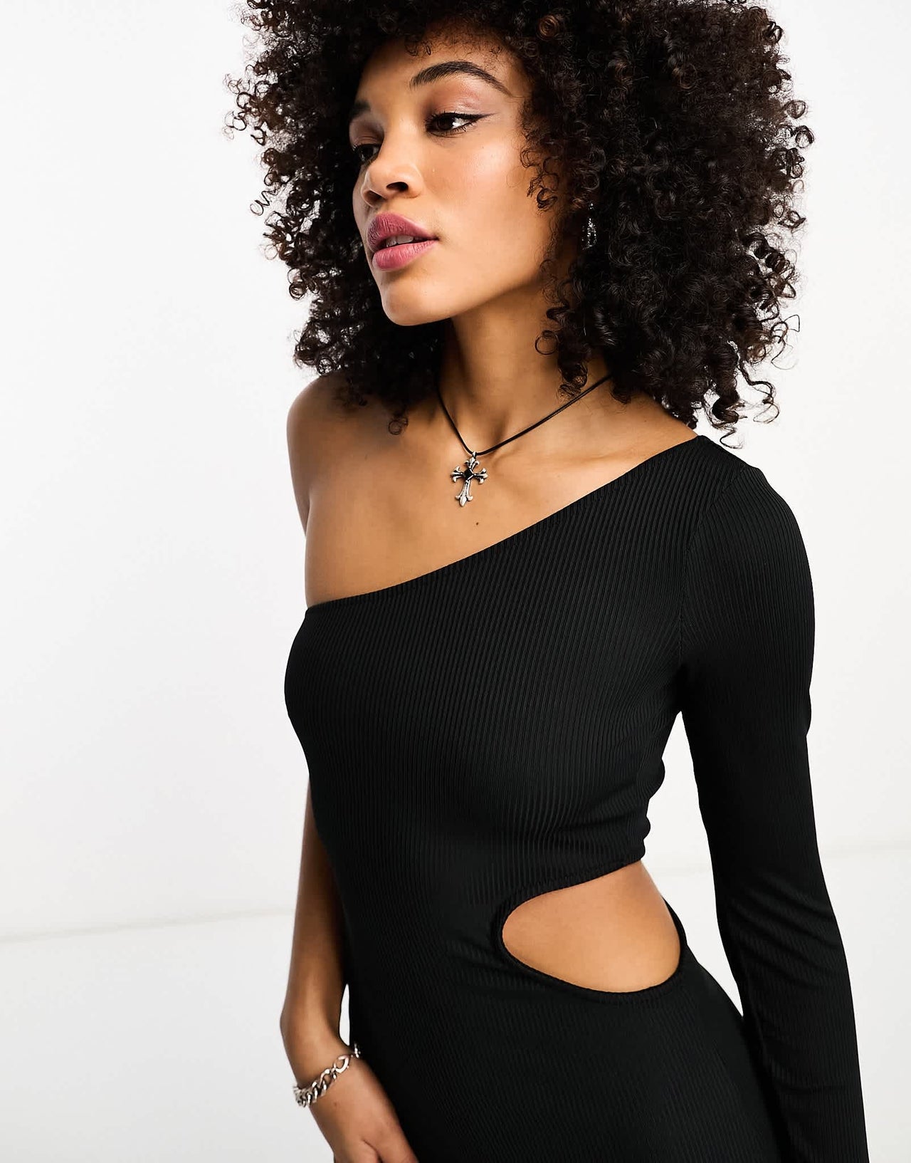 Bershka cut out asymmetric neckline maxi dress in black