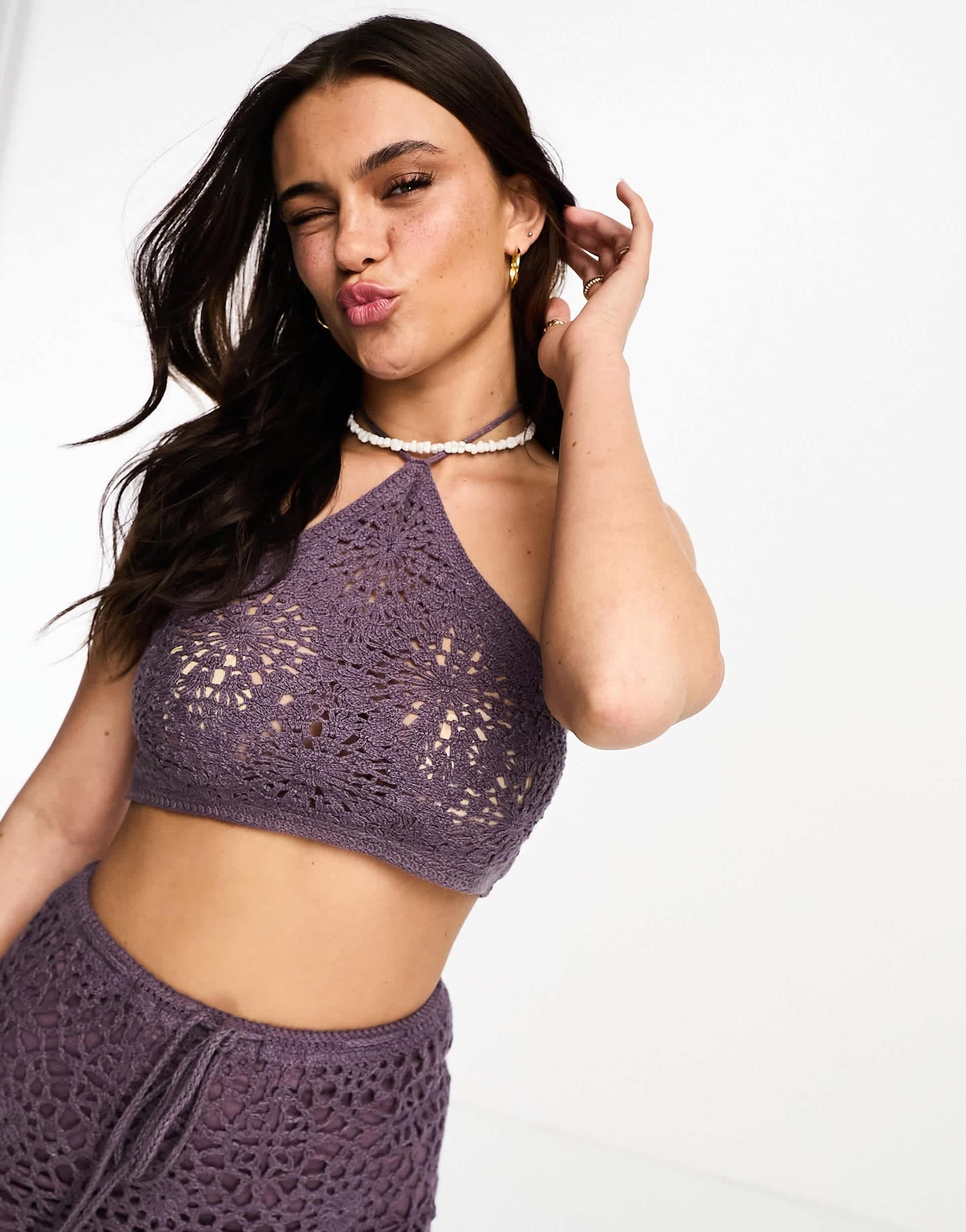 Pull&Bear halterneck crochet top co-ord in purple
