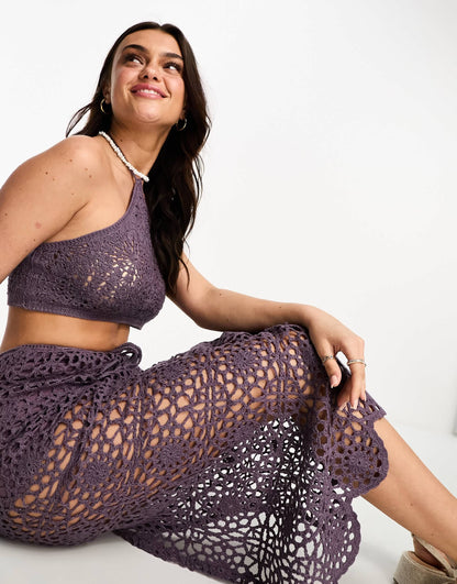 Pull&Bear halterneck crochet top co-ord in purple