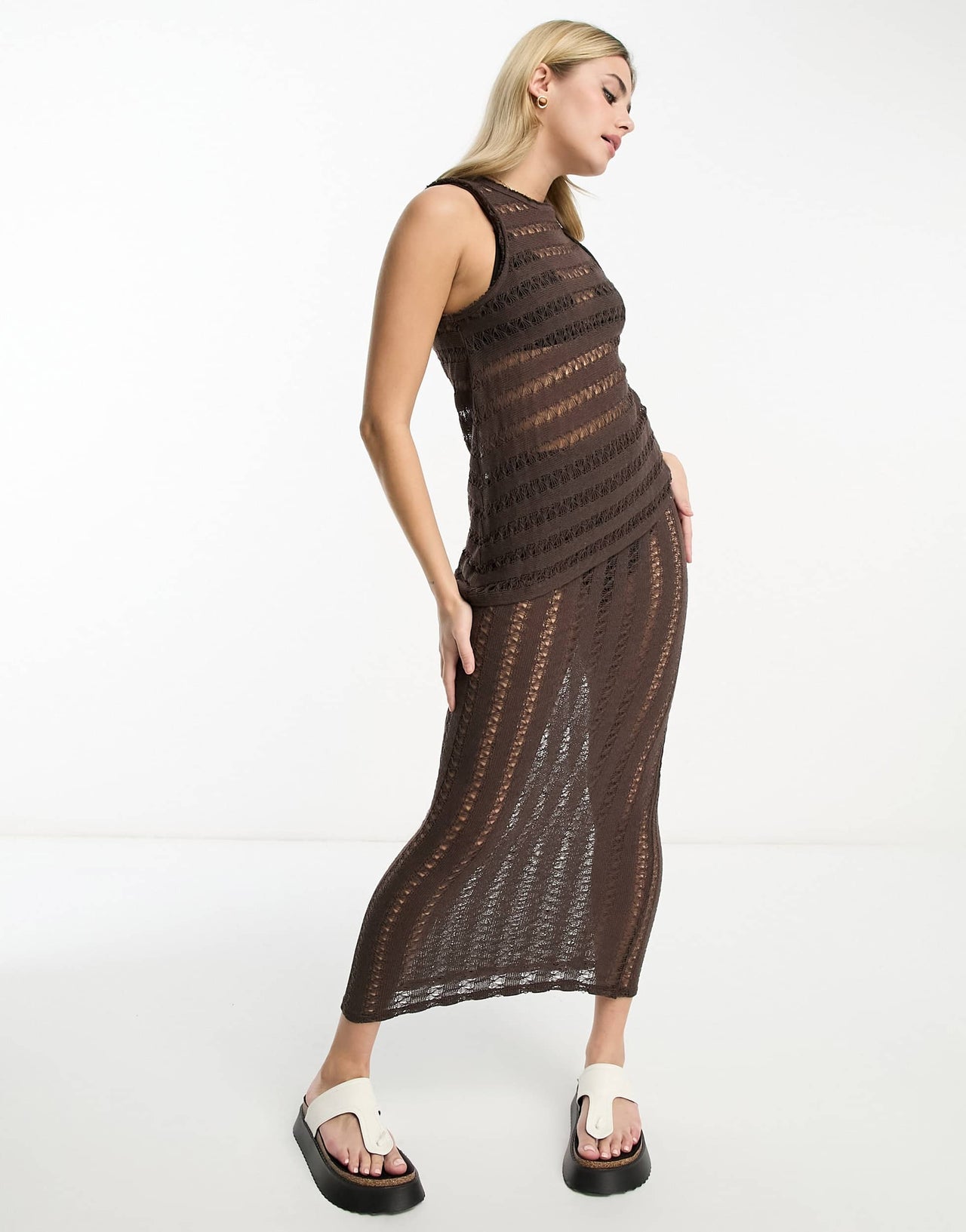 Pull&Bear ladder detail asymmetric top co-ord in brown