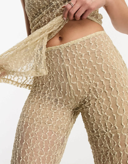 Pull&Bear textured mesh flare trouser co-ord in beige