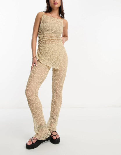 Pull&Bear textured mesh flare trouser co-ord in beige