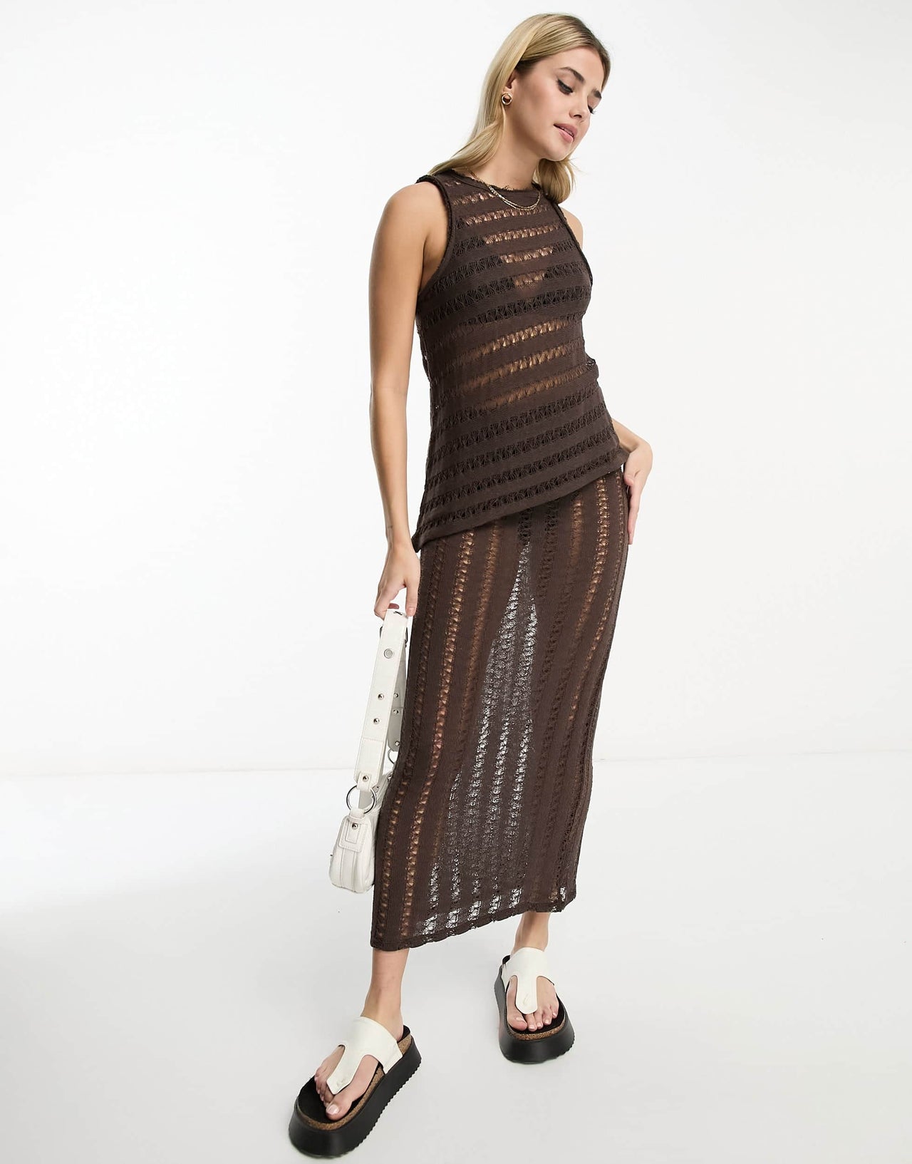 Pull&Bear ladder detail maxi skirt co-ord in brown