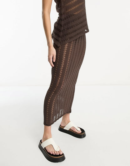 Pull&Bear ladder detail maxi skirt co-ord in brown