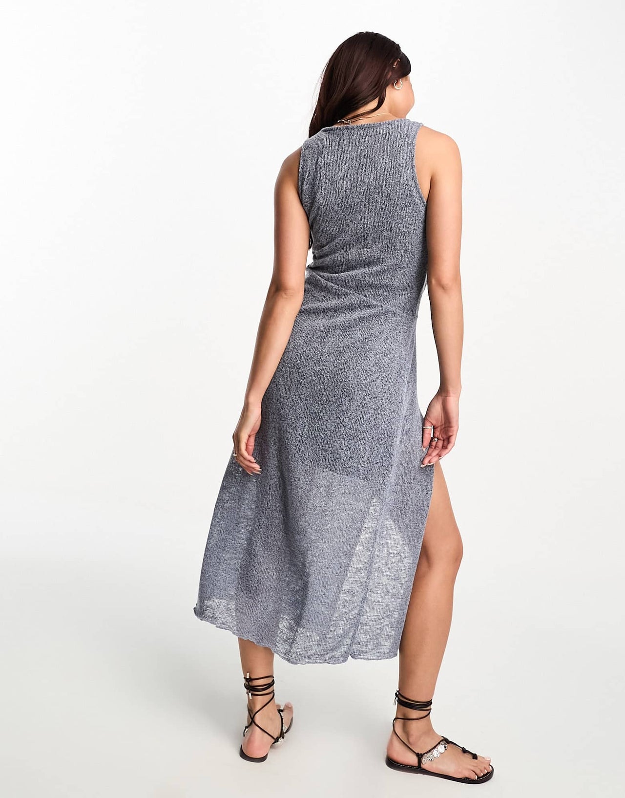 Pull&Bear sleeveless maxi dress with split detail in blue marl
