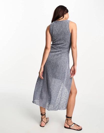 Pull&Bear sleeveless maxi dress with split detail in blue marl