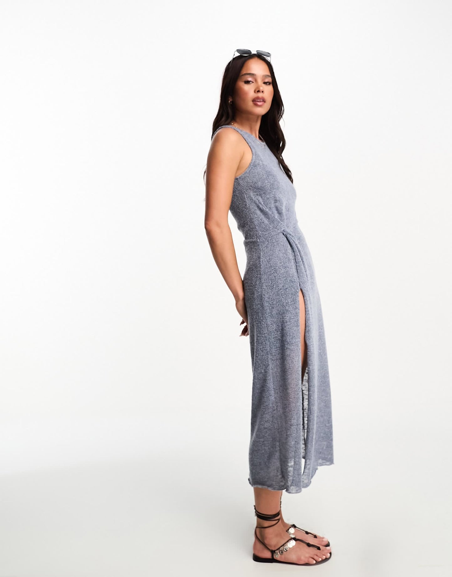 Pull&Bear sleeveless maxi dress with split detail in blue marl