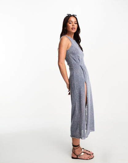 Pull&Bear sleeveless maxi dress with split detail in blue marl