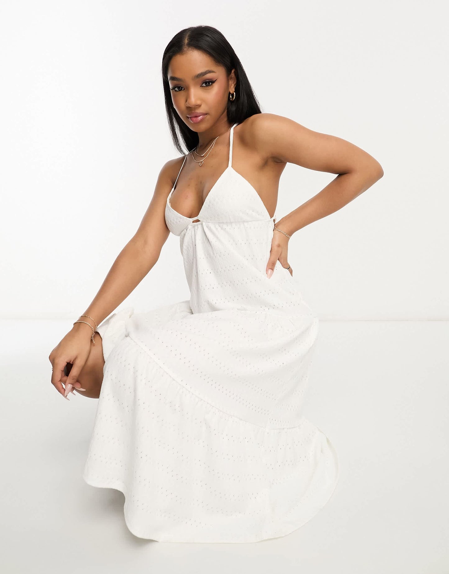 Pull&Bear strappy smock midi dress in white