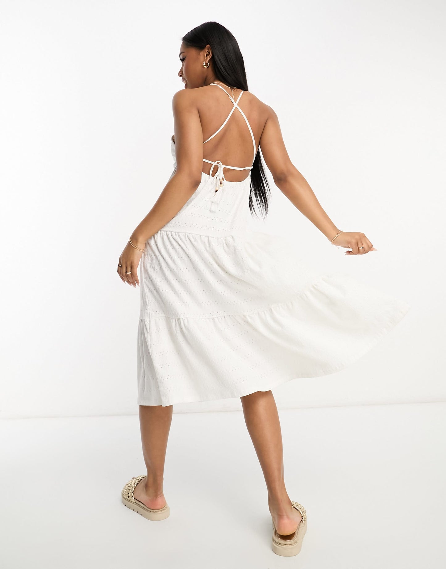 Pull&Bear strappy smock midi dress in white