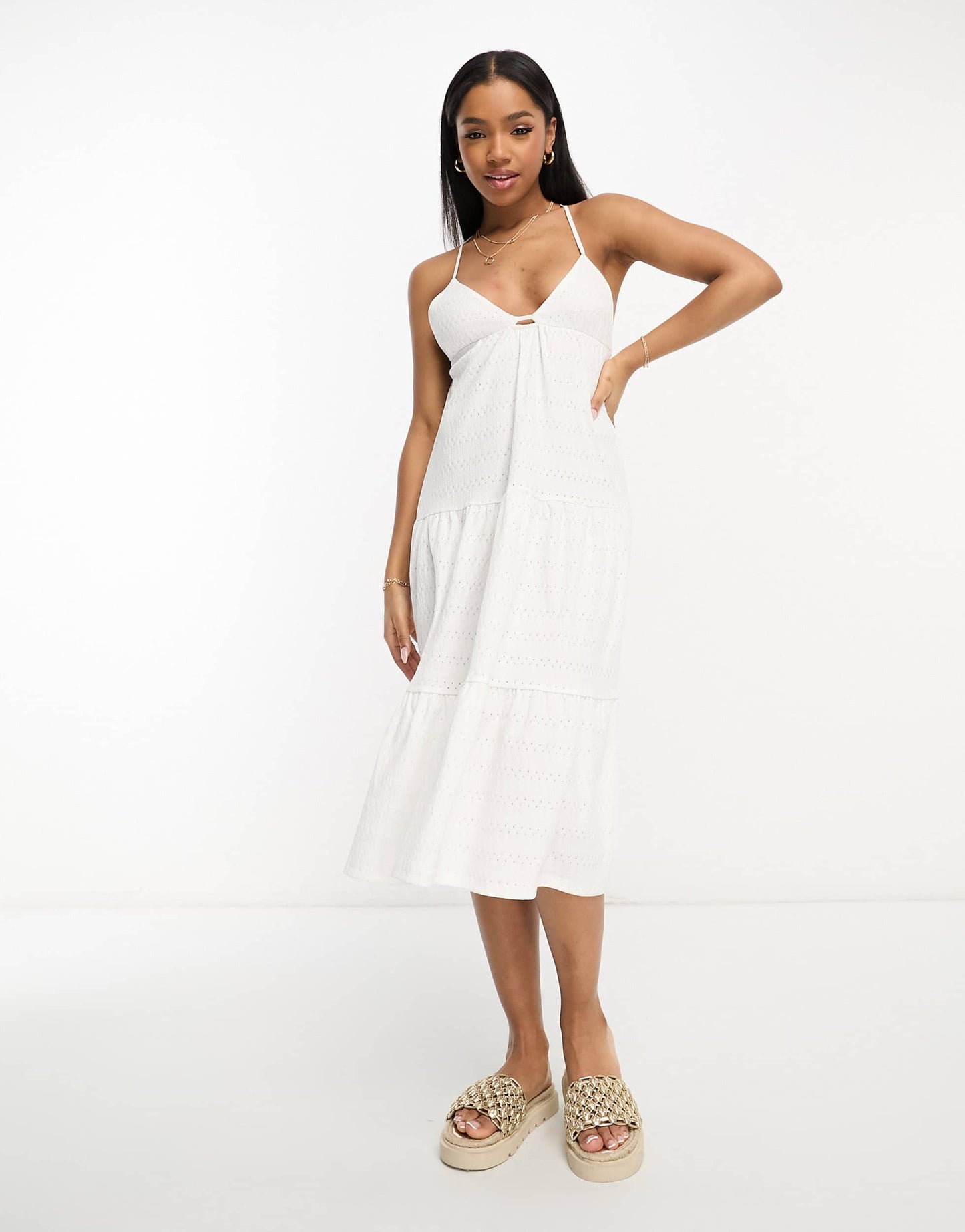Pull&Bear strappy smock midi dress in white