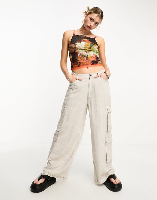 COLLUSION pocket detail wide leg woven trousers in stone - BEIGE