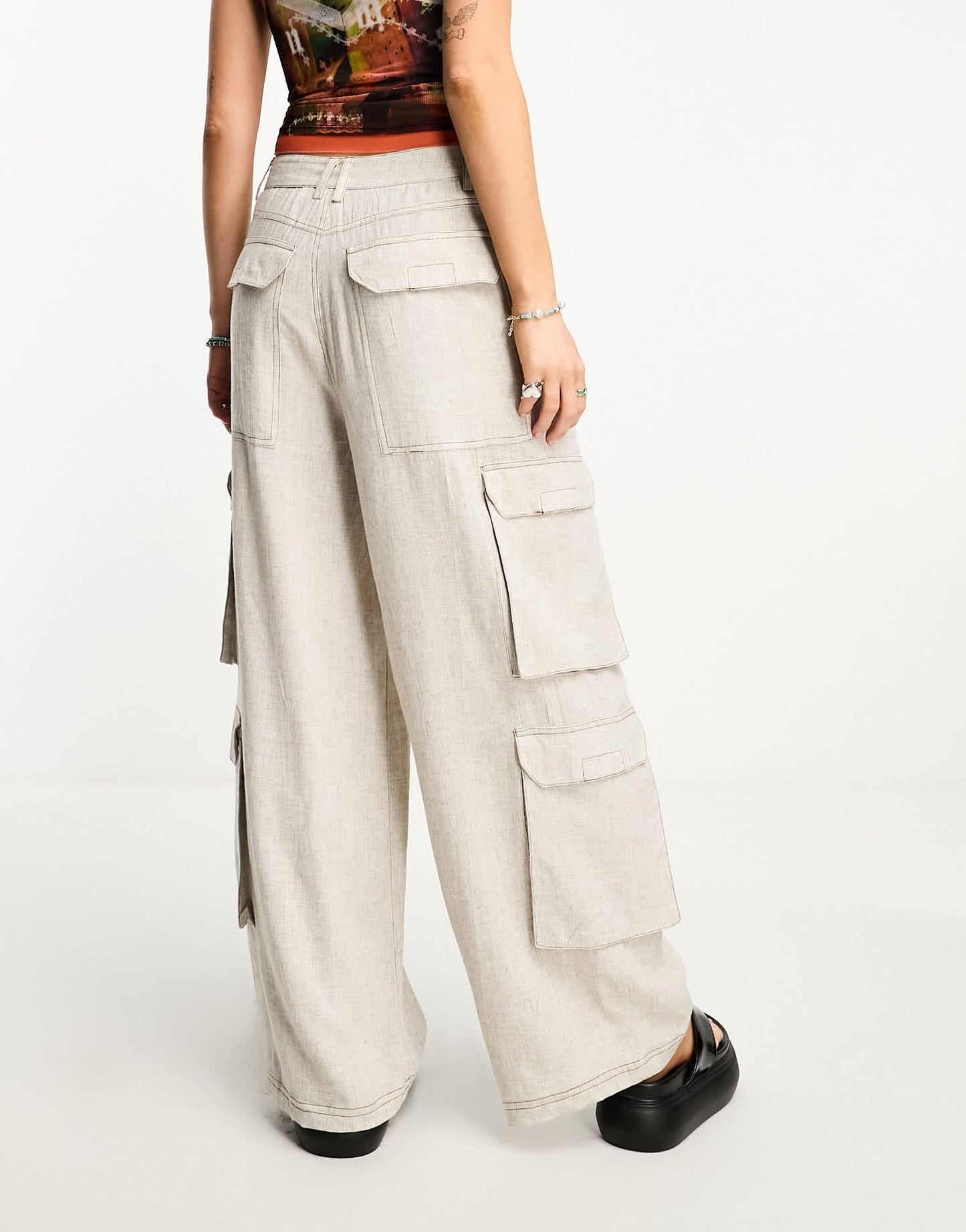 COLLUSION pocket detail wide leg woven trousers in stone - BEIGE