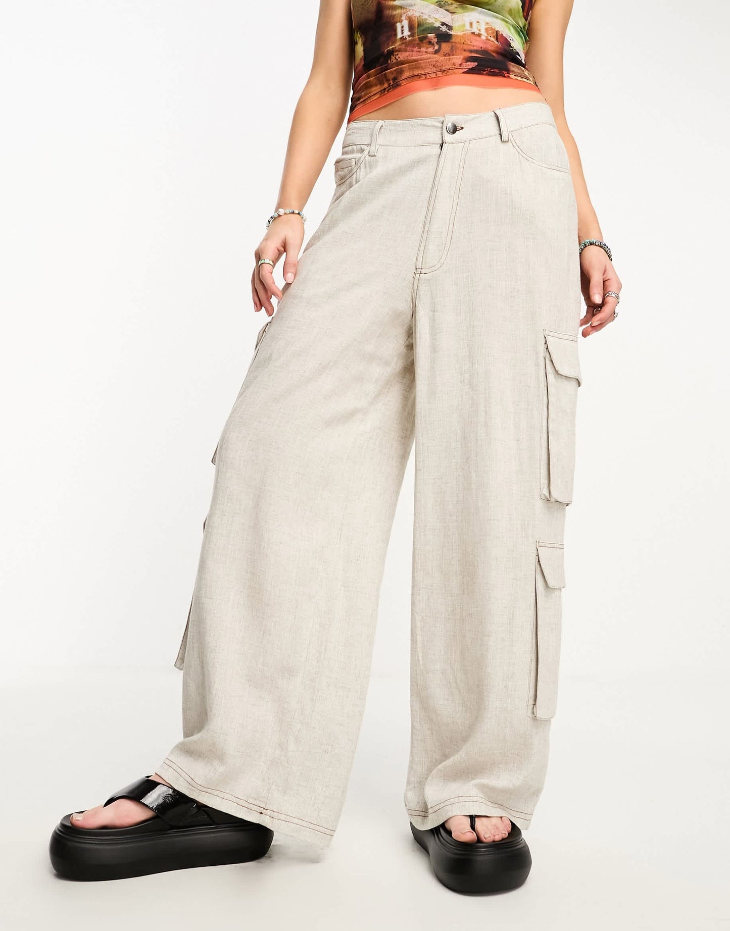 COLLUSION pocket detail wide leg woven trousers in stone - BEIGE